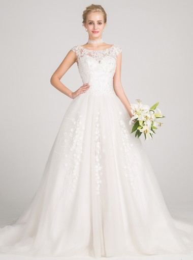  Ball Gown Bateau Cap Sleeves Tulle Wedding Dress with Beading Appliques