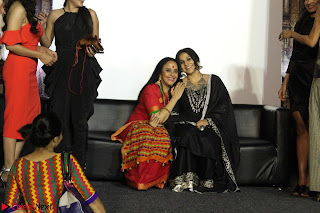 Vidya Balan with Ila Arun Gauhar Khan and other girls and star cast at Trailer launch of move Begum Jaan 004.JPG