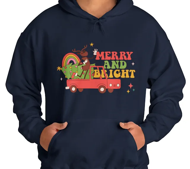 Unisex Merry and Bright Beige Red Retro Playful Reindeer Cartoon Christmas Heavy Blend™ Hooded Sweatshirt