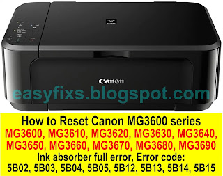 How to Reset Canon MG3600, MG3610, MG3620, MG3630, MG3640, MG3650, MG3660, MG3670, MG3680, MG3690, Ink absorber full error, error number 5B02, 5B03, 5B04, 5B05, 5B12, 5B13, 5B14, 5B15