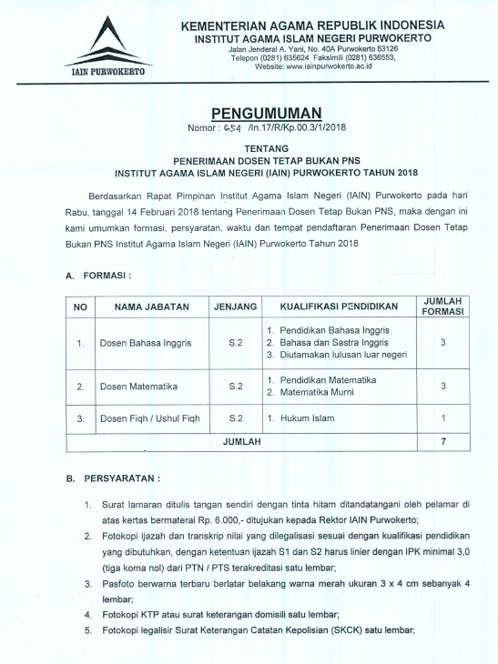 Lowongan Dosen Iain Purwokerto Bahasa Inggris Matematika Fiqh Lowongan Dosen