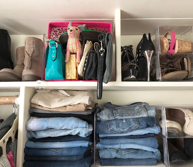 Organized closet using Container Store shoe bins and shelf dividers