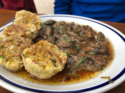 Example of a lunch at a rifugio. Canerderli with wild mushrooms at Rifugio Forcella Pordoi.