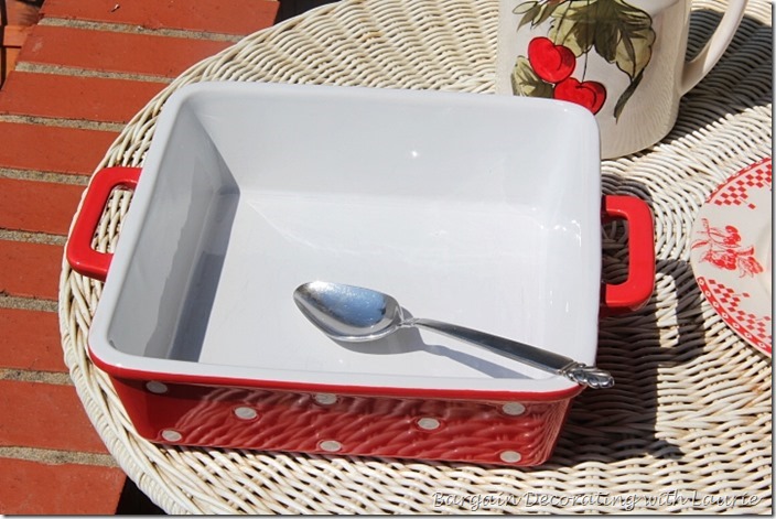 Red and white casserole dish