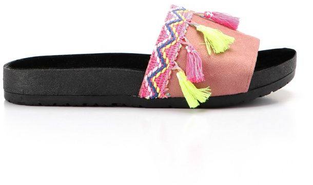 Colorful Textile Strap Suede Slippers - Pink
