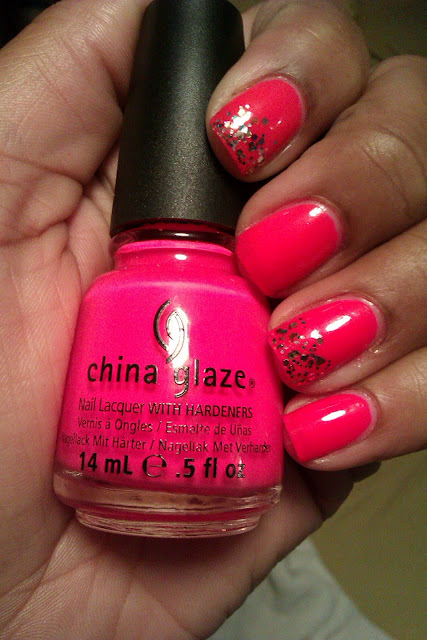 Neon pink, hot pink, China Glaze, Pool Party, glitter tips, nail art, mani