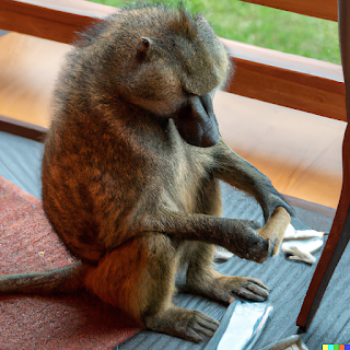 baboons in a hotel room in africa near a safari  looking for items they can eat.