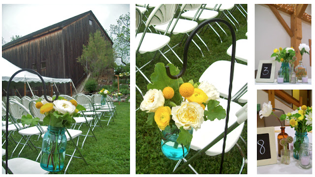 mason jar shepherds hook hanging outdoor decor aisle flowers sweet pea floral design ann arbor, ferndale, detroit, misty farms, boutonniere, craspedia, scabiosa, leucadendron, yellow, green, anthropology, fern, woodsy, barn, nature, once wed, style me pretty, wedding, boutonniere, groom flowers, florist