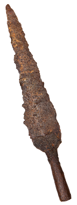 A long pointed iron spearhead, which looks bumpy now due to corrosion before it was excavated