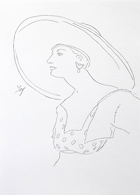 The bolero, line drawing of a woman in a large hat by Sarah Myers