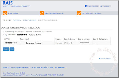 Tela com informações sobre a RAIS do trabalhador pesquisado