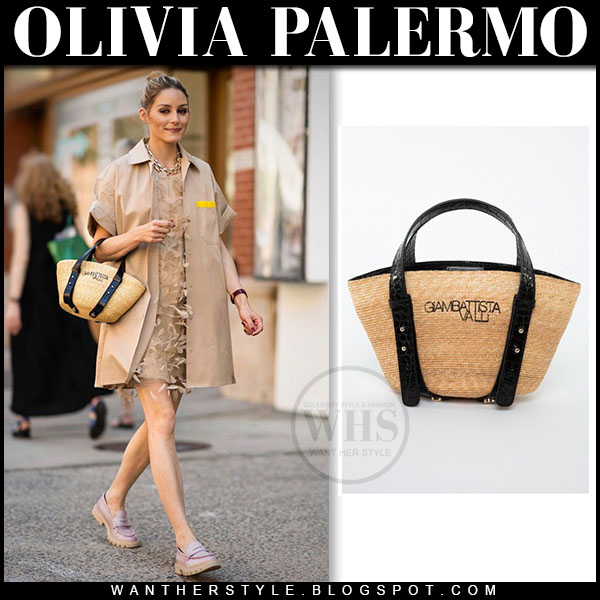 Olivia Palermo in beige mini dress, beige loafers and raffia bag