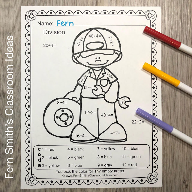 Click here for the Community Helpers Career Themed Color By Number Divide by 2 and 4 Printable Worksheet Resource #FernSmithsClassroomIdeas