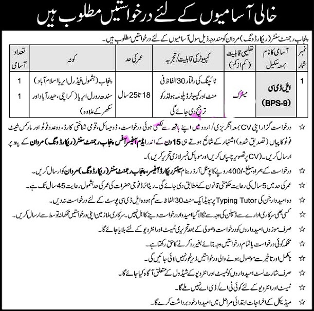 Punjab Regiment Center Record Wing Mardan  PRCRWM 2021 Latest Jobs For LDC