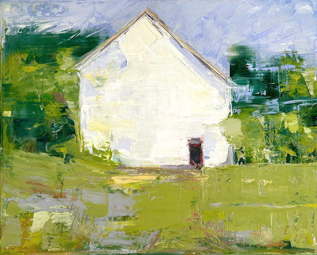 Oil painting with cold wax medium of a white barn in summer by New England artist Karri Allrich