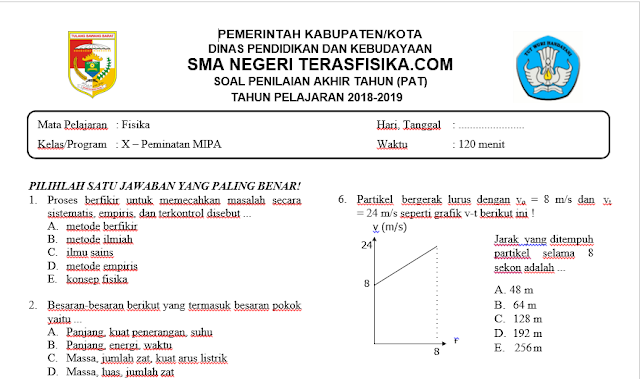 Soal PAT/UKK Fisika Kelas X Kurikulum 2013 tahun pelajaran 2018/2019