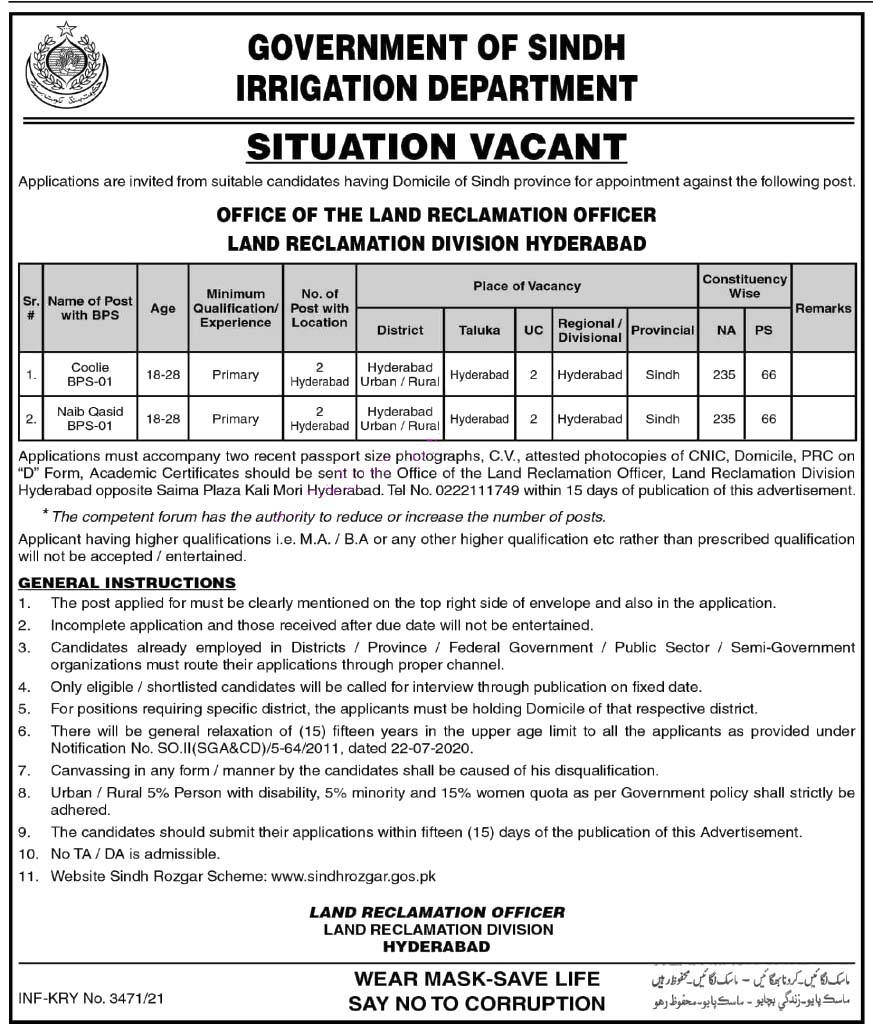 Irrigation Department Sindh Today Latest Jobs 2021 All Advertisements