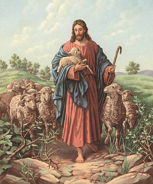 Vintage illustration of Christ as the Good Shepherd; chromolithograph, 1929.