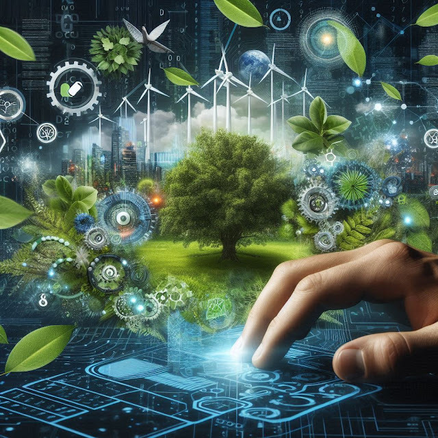 "A futuristic landscape depicting 'green coding,' blending lush greenery with advanced digital elements. Vibrant neon circuits intertwine with organic foliage, symbolizing the harmony between technology and sustainability. The composition creatively represents the concept of eco-friendly coding and innovation.