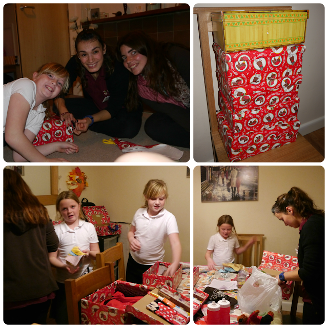 Having fun packing Christmas shoebox gifts