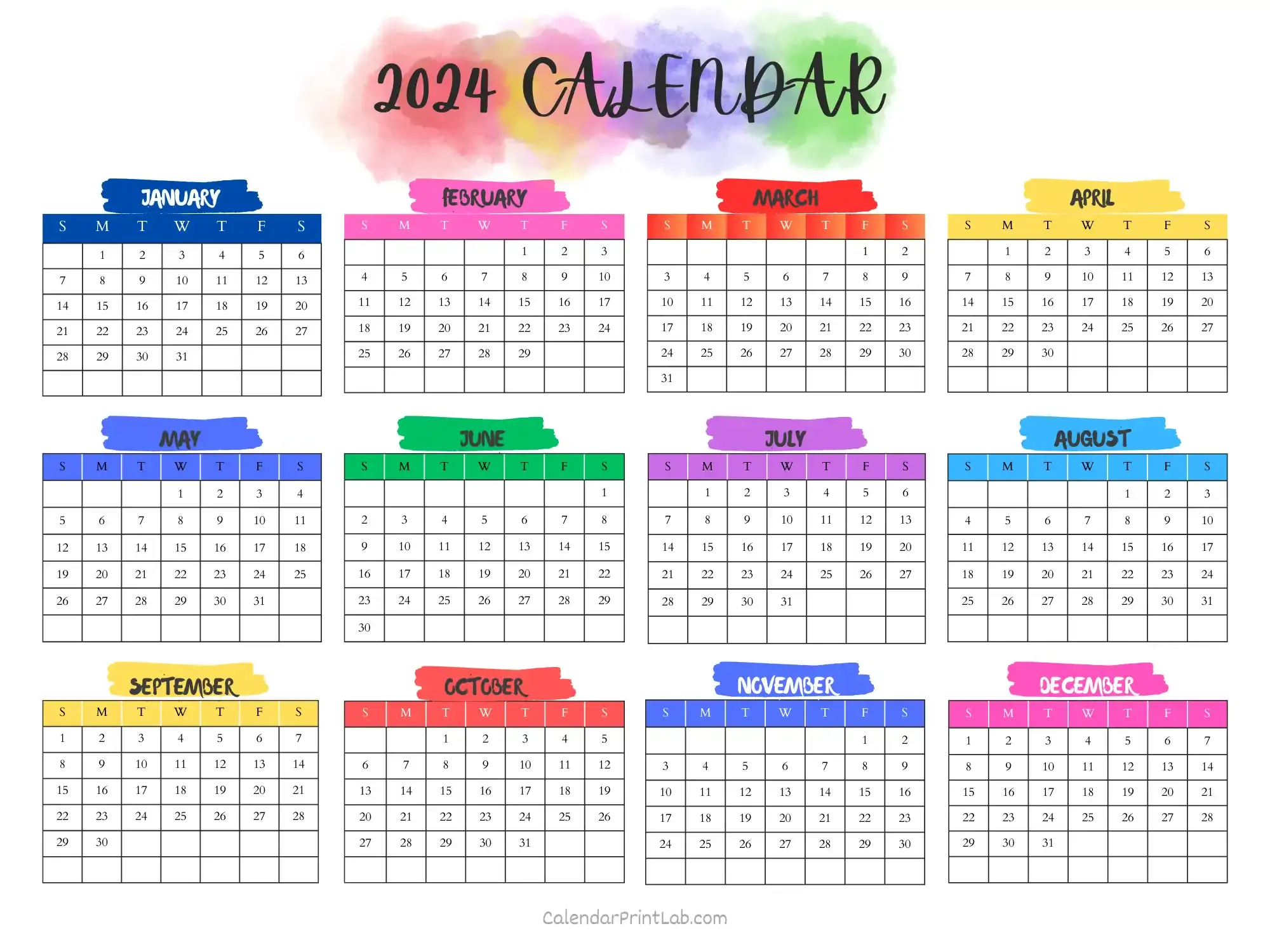 2024 Watercolor Yearly Calendar