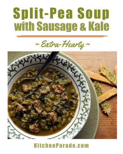 Split-Pea Soup with Sausage & Kale, another classic soup ♥ KitchenParade.com. Gluten Free. Easy to convert to vegan.