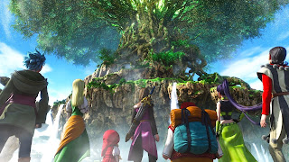 The main heroes from Dragon Quest XI standing in front of a huge tree