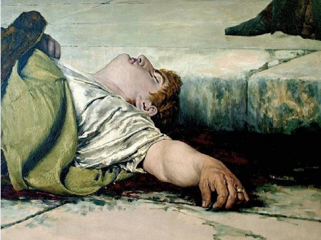 Император Нерон лежит мертвым на полу после самоубийства