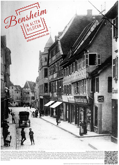 BIAB_Stadtarchiv_Bensheim_Hauptstrasse_Mespelbrunner_Hof_002.jpg; Quelle: Stadtarchiv Bensheim; Die Bensheimer Hauptstraße Richtung Süden im Jahre 1911. Im Hintergrund die Häuser am Marktplatz mit dem Haus Fleck (Colonialwaren Heinrich Fleck (Delicatessen und Südfrüchte)) und links daneben ein Herrenausstatter (Gewänder nach Maass). Auf der rechten Seite der Mespelbrunner Hof mit ausgefahrenen Markisen und dem bereits durch Metallstützen geöffnete  Erdgeschoss für die großen Schaufenster. Spätere Bilder zeigen, dass der Geschäftsmann Siegfried Haas auch eine Fensterfront zur Schlinkengasse bauen ließ. Die Häuserzeile am rechten Bildrand (Metzgerei A. Fan[…], Kaffee-Geschäft Gebr. Kayser und das Seifengeschäft Marquart) bis zum Mespelbrunner Hof wird in wenigen Jahren durch einen Neubau, entworfen durch Heinrich Metzendorf, ersetzt. Dieses neue Gebäude beherbergte das Kaufhaus Heinrich Müller.