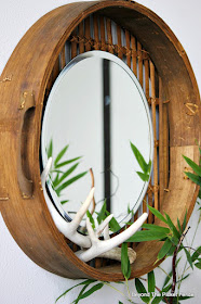 upcycled, mirror, repurposed, DIY, bamboo basket, antlers, http://bec4-beyondthepicketfence.blogspot.com/2015/10/round-basket-mirror.html