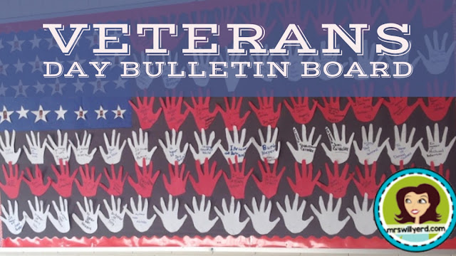 Veterans Day Bulletin Board where students make a flag out of their hands.  Each student is then able to dedicate a hand in honor or in memory of a veteran!