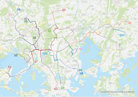 Helsingin poikittaislinjaston toinen luonnos karttakuvana bussilinjoineen.