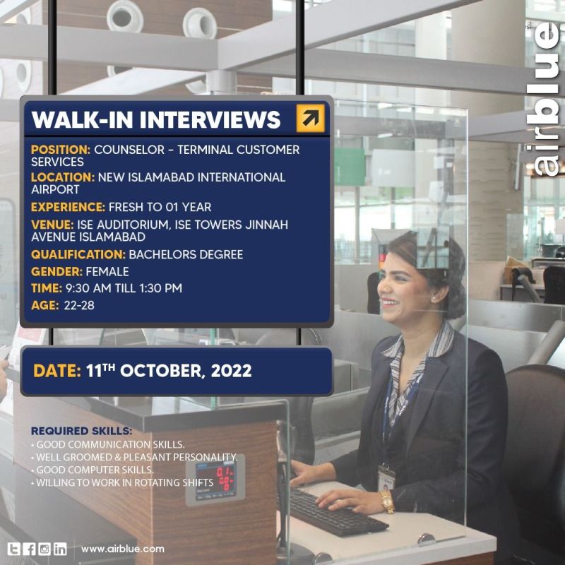AirBlue Airline Walk-in-interview For Counselor- Terminal Customer Service
