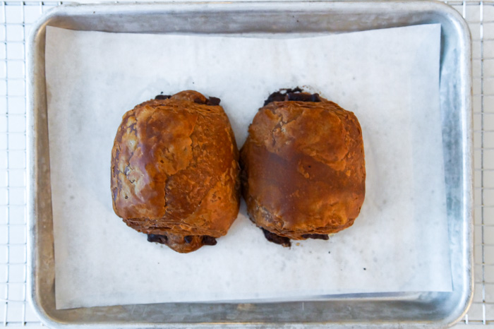 Trader Joe's Double Chocolate Croissants baked on cookie sheet