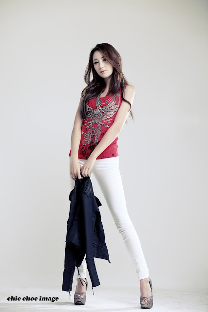 Model Eun Bin in Red Top, White Jeans