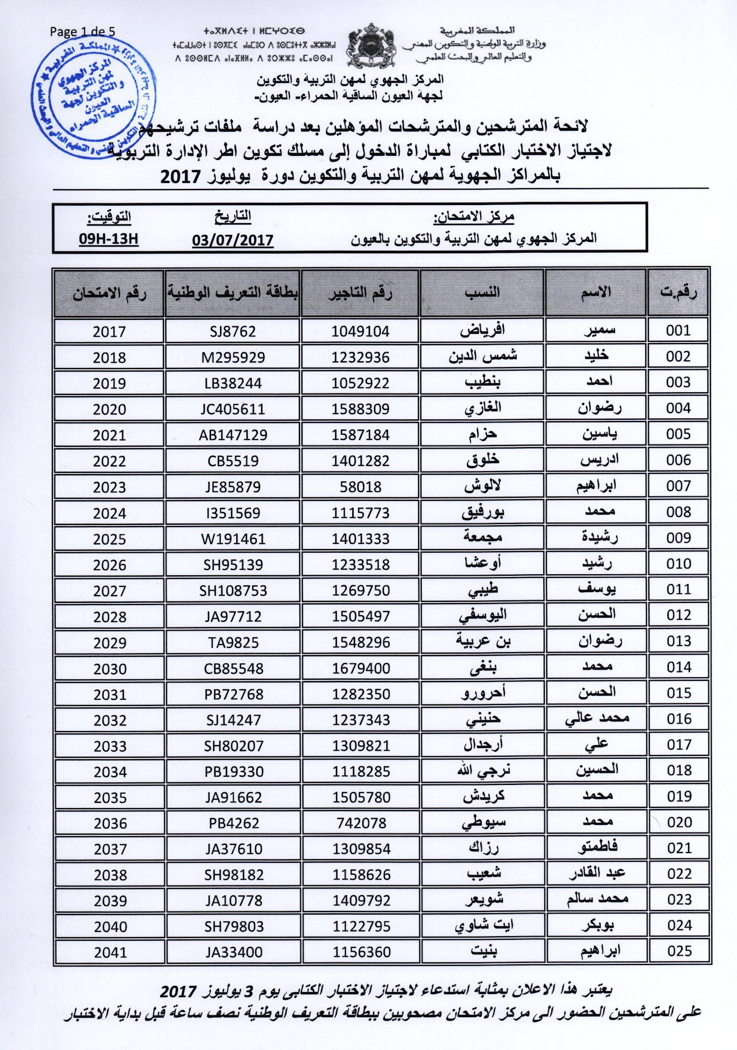 مركز العيون الساقية الحمراء: لائحة المترشحين المقبولين لاجتياز الاختبار الكتابي لمباراة الدخول إلى مسلك تكوين أطر الإدارة التربوية دورة 2017