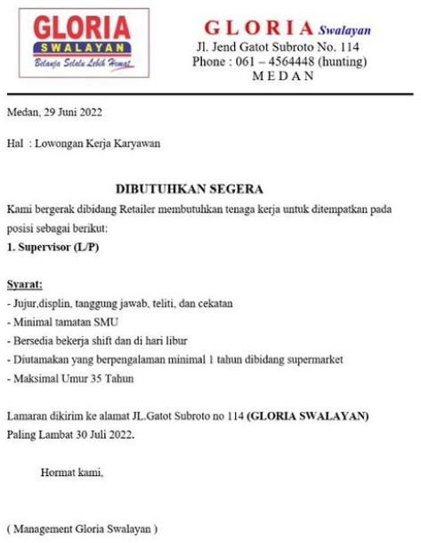 Lowongan Kerja SMA di Gloria Swalayan