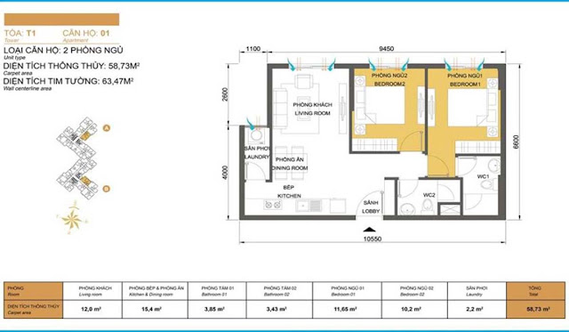 Mặt bằng căn hộ 2 phòng ngủ Masteri Parkland Xa Lộ Hà Nội (dự kiến)