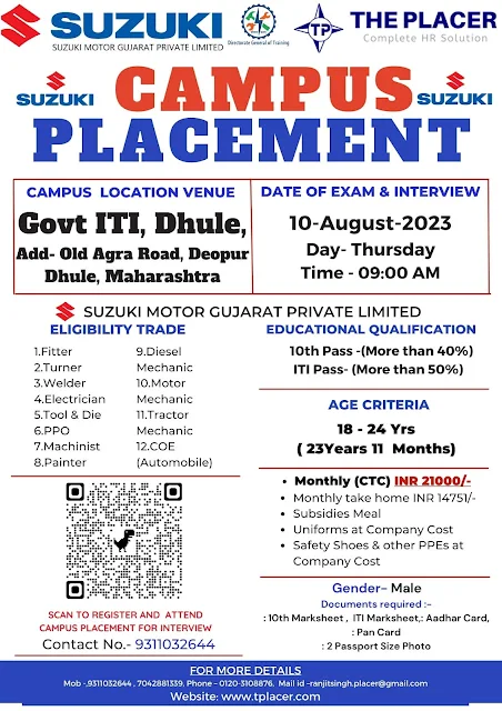 ITI Jobs Campus Placement in Govt ITI Dhule, Maharashtra for Suzuki Motors