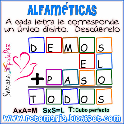 Alfamética, Criptoaritmética, Criptograma, Criptosuma, Paz, Semana por la Paz, Las matemáticas y la Paz, Juego de letras, Juego de palabras, Acertijos con Palabras