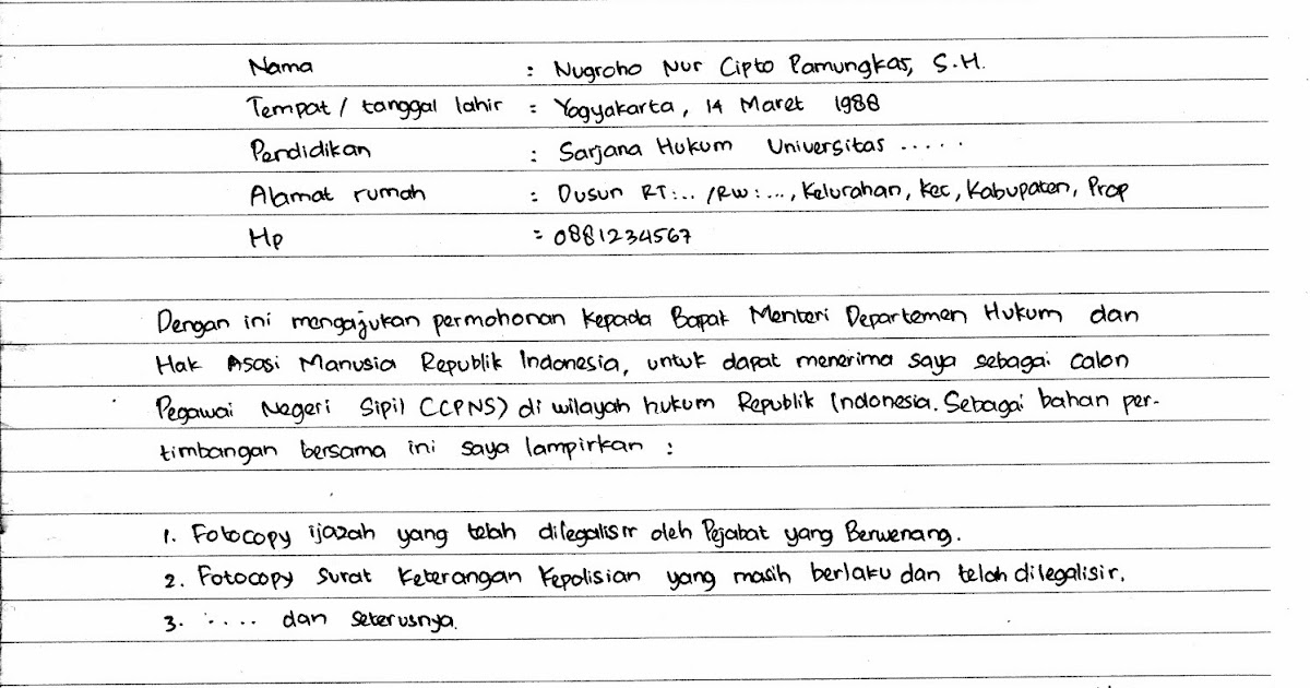 CONTOH SURAT LAMARAN KERJA CPNS DAN UMUM DITULIS TANGAN - CONTOH SURAT ...