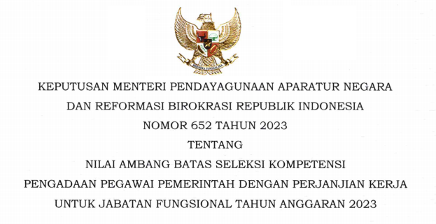 Keputusan Menteri PANRB atau Kepmenpan RB Nomor 652 Tahun 2023 Tentang Nilai Ambang Atas Seleksi Kompetensi Pengadaan PPPK Jabatan Fungsional Tahun 2023