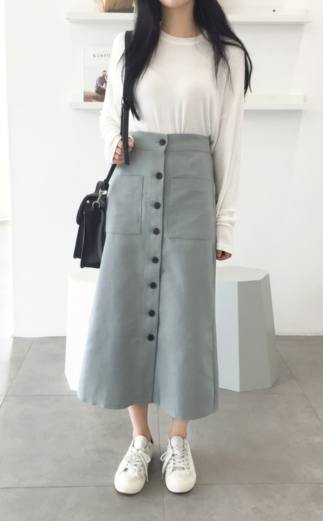 Semi Elastic Waistband Button-Up Midi Skirt