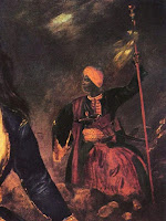 Eugène Delacroix's Greece on the Ruins of Missolonghi painting reveals an Ottoman soldier, invading the Greek lagoon.