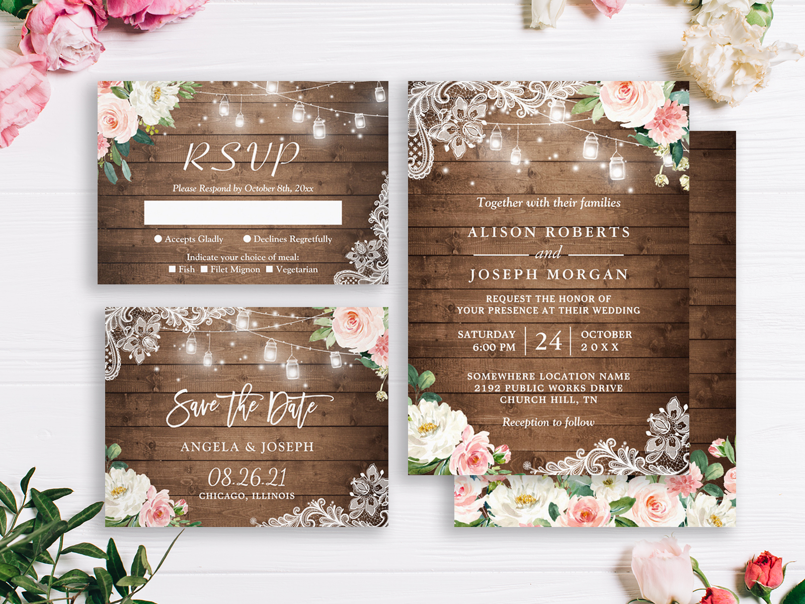 Rustic Floral String Lights Lace Wedding Invitation Suite