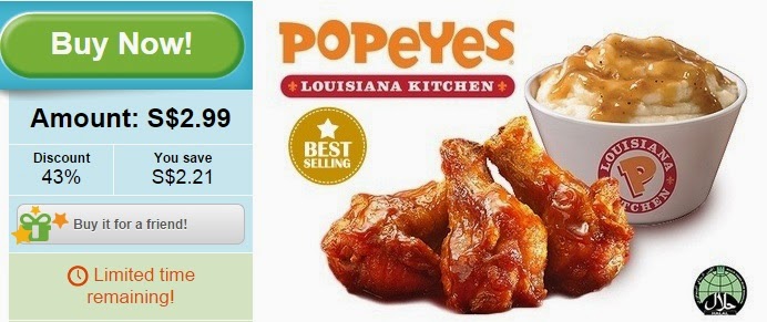 Popeyes groupon offers, discount, groupon singapore, mashed potato, drumlets, Popeyes offers