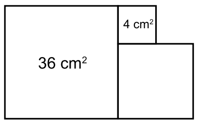 A figura abaixo é formada por três quadrados. A área do maior deles é 36 cm²? e a área do menor é 4 cm?. Qual é a área do terceiro quadrado?