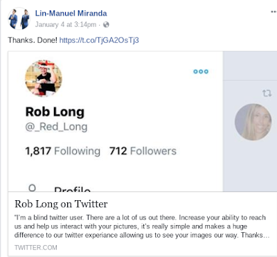 Lin-Manuel Miranda's Facebook post confirming to Rob Long that he will use alt text on Twitter