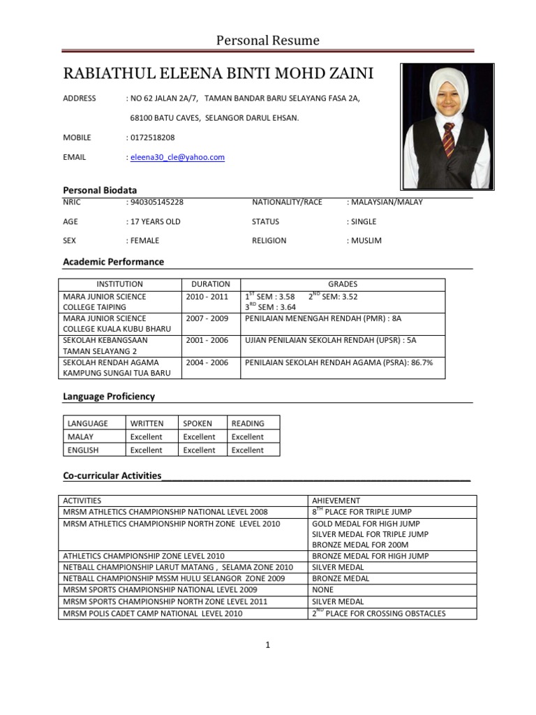 Contoh Curriculum Vitae Terbaru - cv nabila