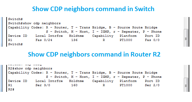 Router and Switch Cisco CDP Command result in Packet Tracer